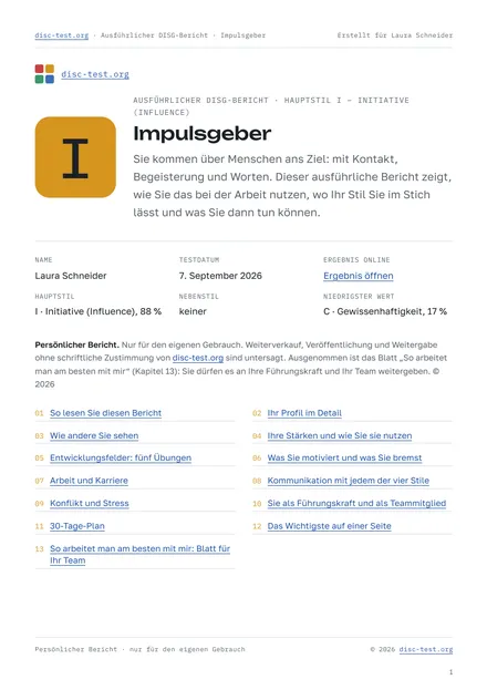 Seite des ausführlichen DISG-Berichts: das Deckblatt mit dem Profil der Teilnehmerin und dem Inhaltsverzeichnis der 13 Kapitel