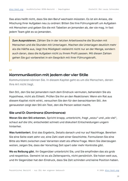Seite des ausführlichen DISG-Berichts: Kapitel „Kommunikation mit jedem der vier Stile“