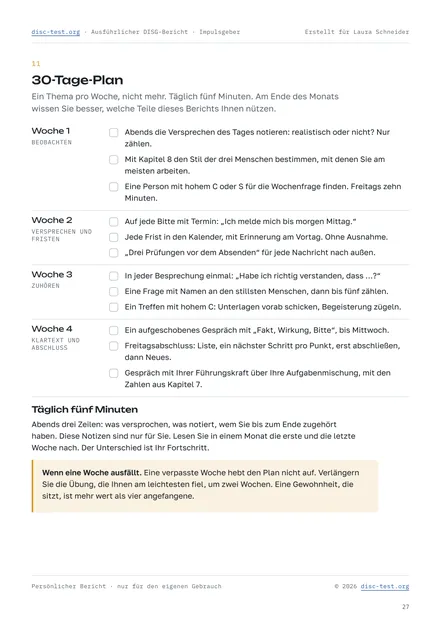Seite des ausführlichen DISG-Berichts: Arbeitsblatt „30-Tage-Plan“