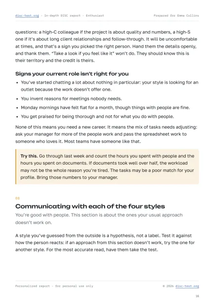 A page from the in-depth DISC report: the “Communicating with each of the four styles” section