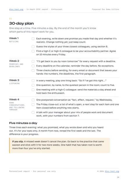 A page from the in-depth DISC report: the “30-day plan” worksheet