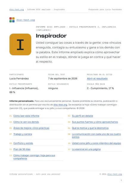 Página del informe DISC ampliado: la portada con el perfil de la participante y el índice de las 13 secciones