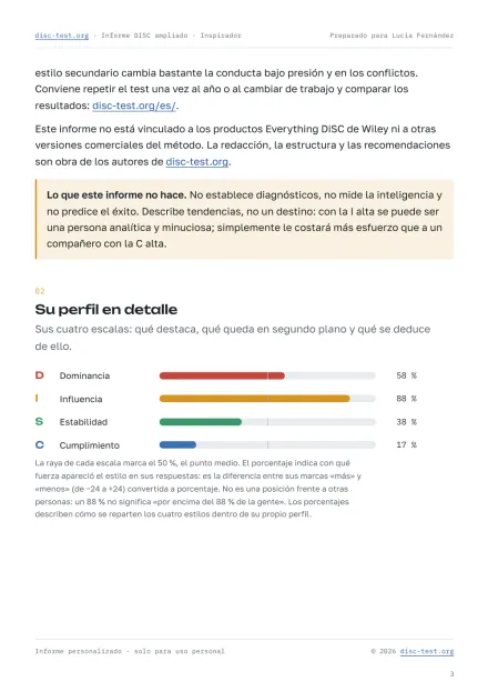 Página del informe DISC ampliado: la sección «Su perfil en detalle», con las cuatro escalas y qué significa cada una