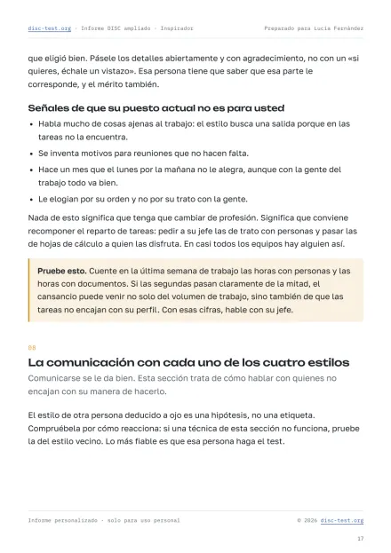 Página del informe DISC ampliado: la sección «La comunicación con cada uno de los cuatro estilos»