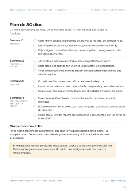 Página del informe DISC ampliado: la hoja de trabajo «Plan de 30 días»