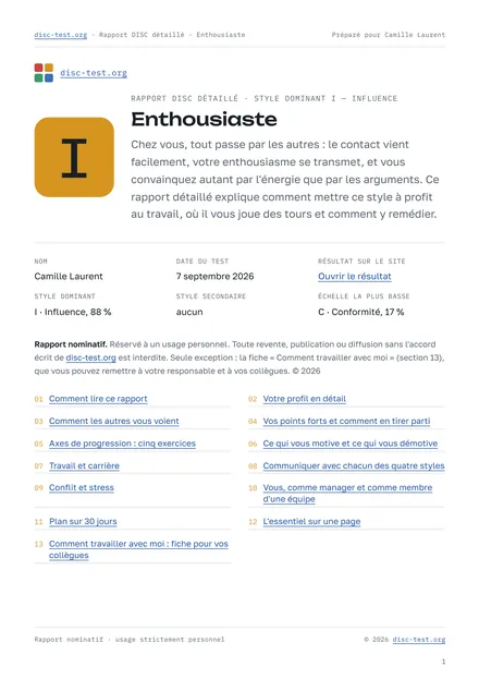 Page du rapport DISC détaillé : la couverture, avec le profil de la participante et le sommaire des 13 sections