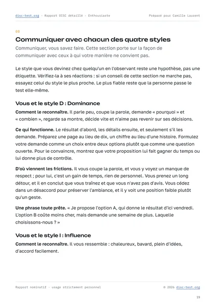 Page du rapport DISC détaillé : la section « Communiquer avec chacun des quatre styles »