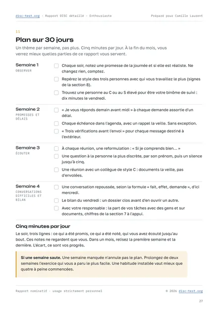 Page du rapport DISC détaillé : la fiche pratique « Plan sur 30 jours »