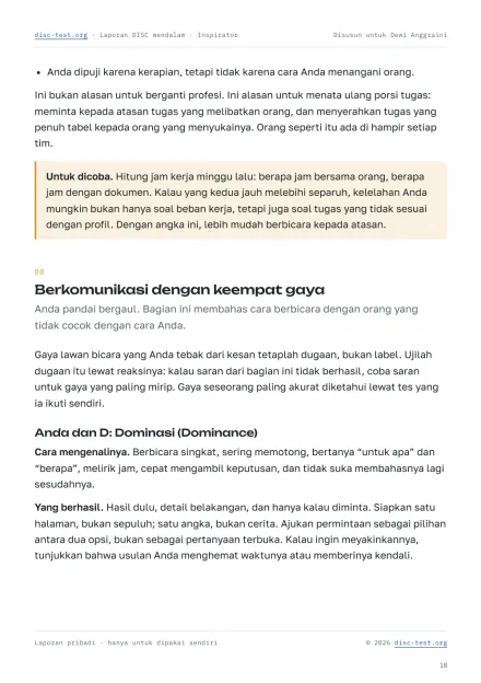 Halaman laporan DISC mendalam: bagian “Berkomunikasi dengan keempat gaya”