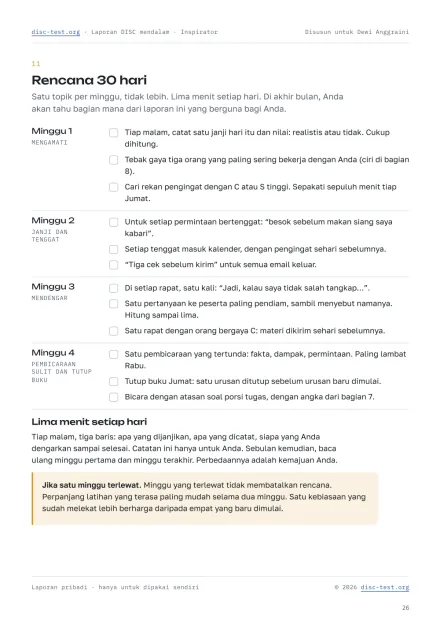 Halaman laporan DISC mendalam: lembar kerja “Rencana 30 hari”
