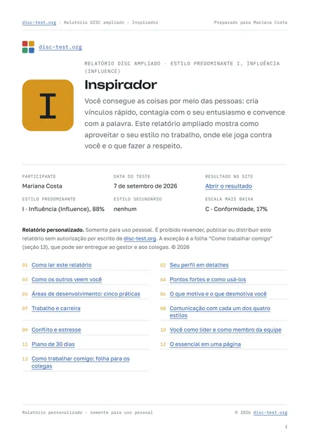 Página do relatório DISC ampliado: a capa com o perfil da participante e o sumário das 13 seções
