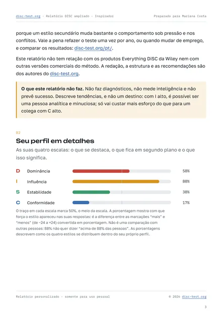 Página do relatório DISC ampliado: a seção “Seu perfil em detalhes”, com as quatro escalas e o que cada uma significa