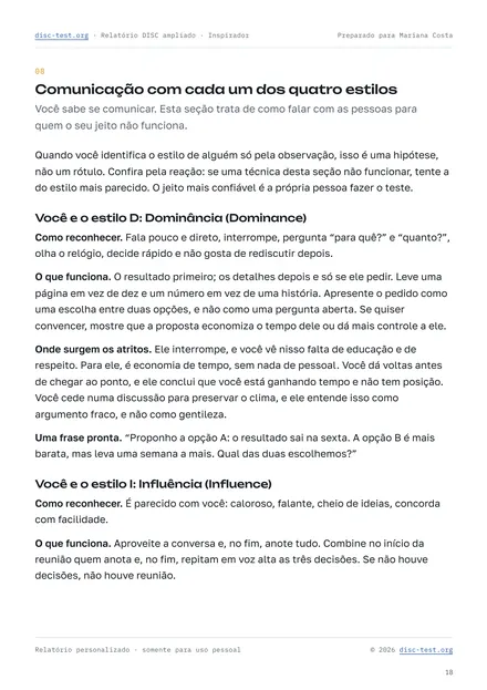 Página do relatório DISC ampliado: a seção “Comunicação com cada um dos quatro estilos”