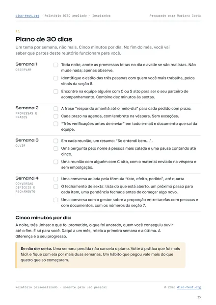 Página do relatório DISC ampliado: a folha de trabalho “Plano de 30 dias”
