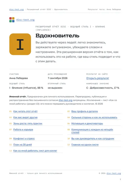 Лист из расширенного отчёта DISC: обложка с профилем участника и содержание из 13 разделов